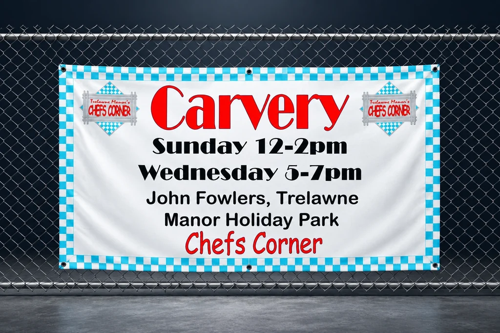 Carvery artwork printed on a laminated PVC banner with a hemmed edge and eyelets