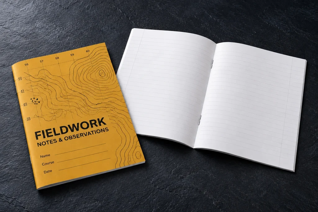 Fieldwork exercise book with a stapled spine and ruled pages