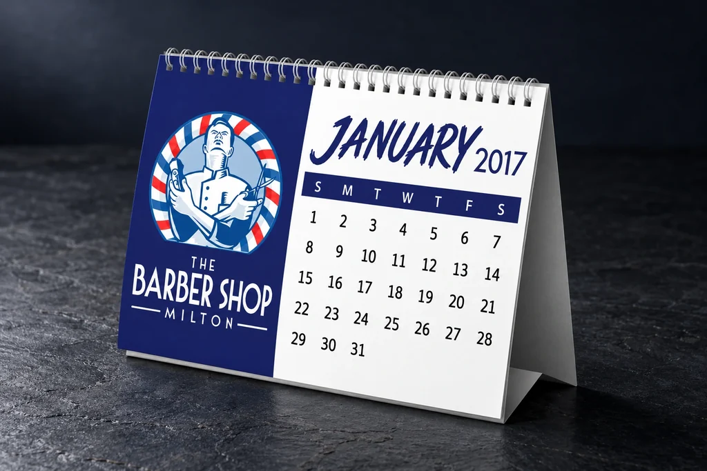 Barber Shop Milton desk calendar with twin-wire binding and a folded board stand