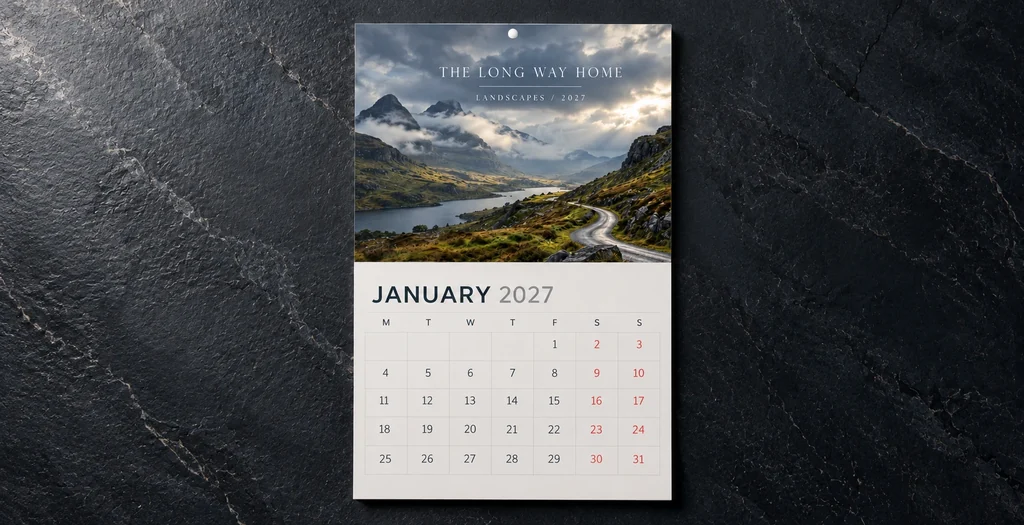 Landscape calendar with a centre fold and a drilled hanging hole