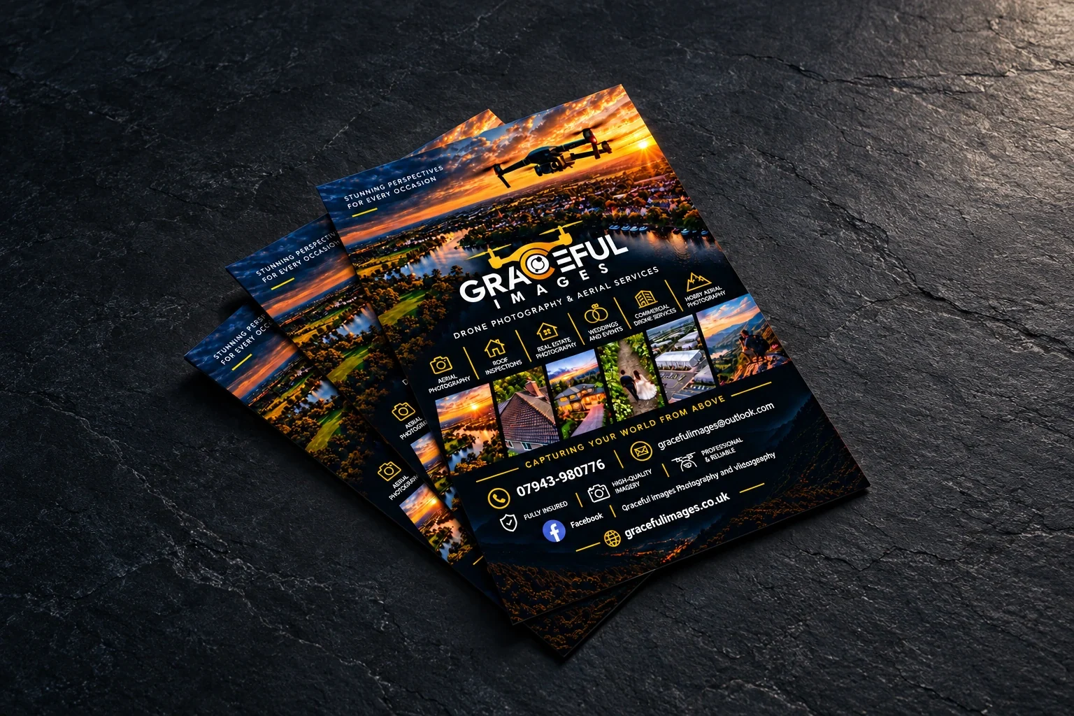 Graceful Images artwork on three thin flat flyers