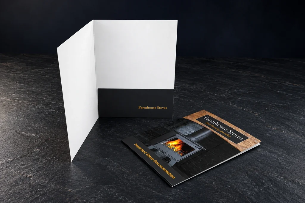 Farmhouse Stoves presentation folder with a single straight glued pocket