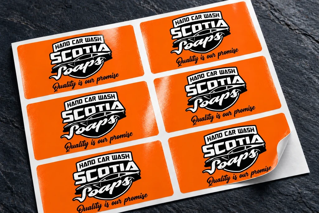 Orange Scotia Soaps car-wash labels showing a glossy finish