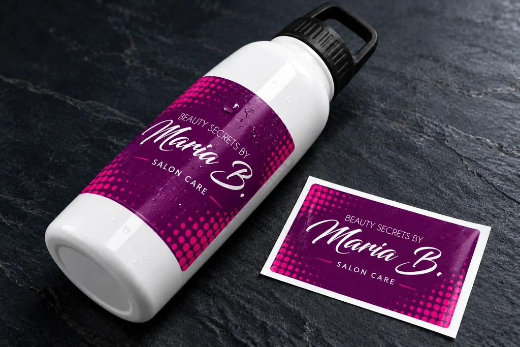 Maria B salon artwork on a polypropylene label and bottle