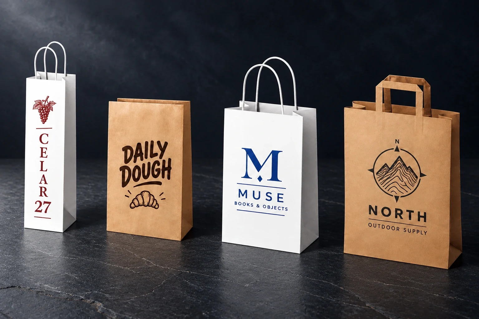 Four paper bag formats with distinct printed designs and reference-matched paper handles