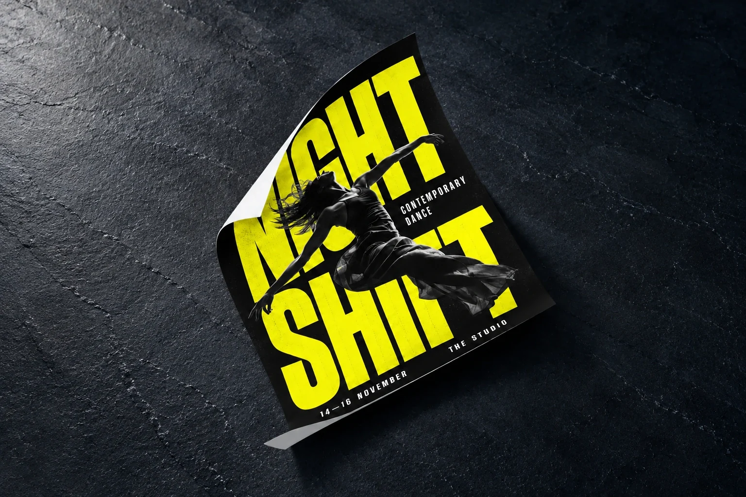 Night Shift dance poster on a thin curled paper sheet