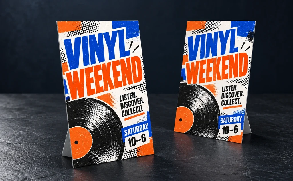 Vinyl Weekend promotion on printed strut cards