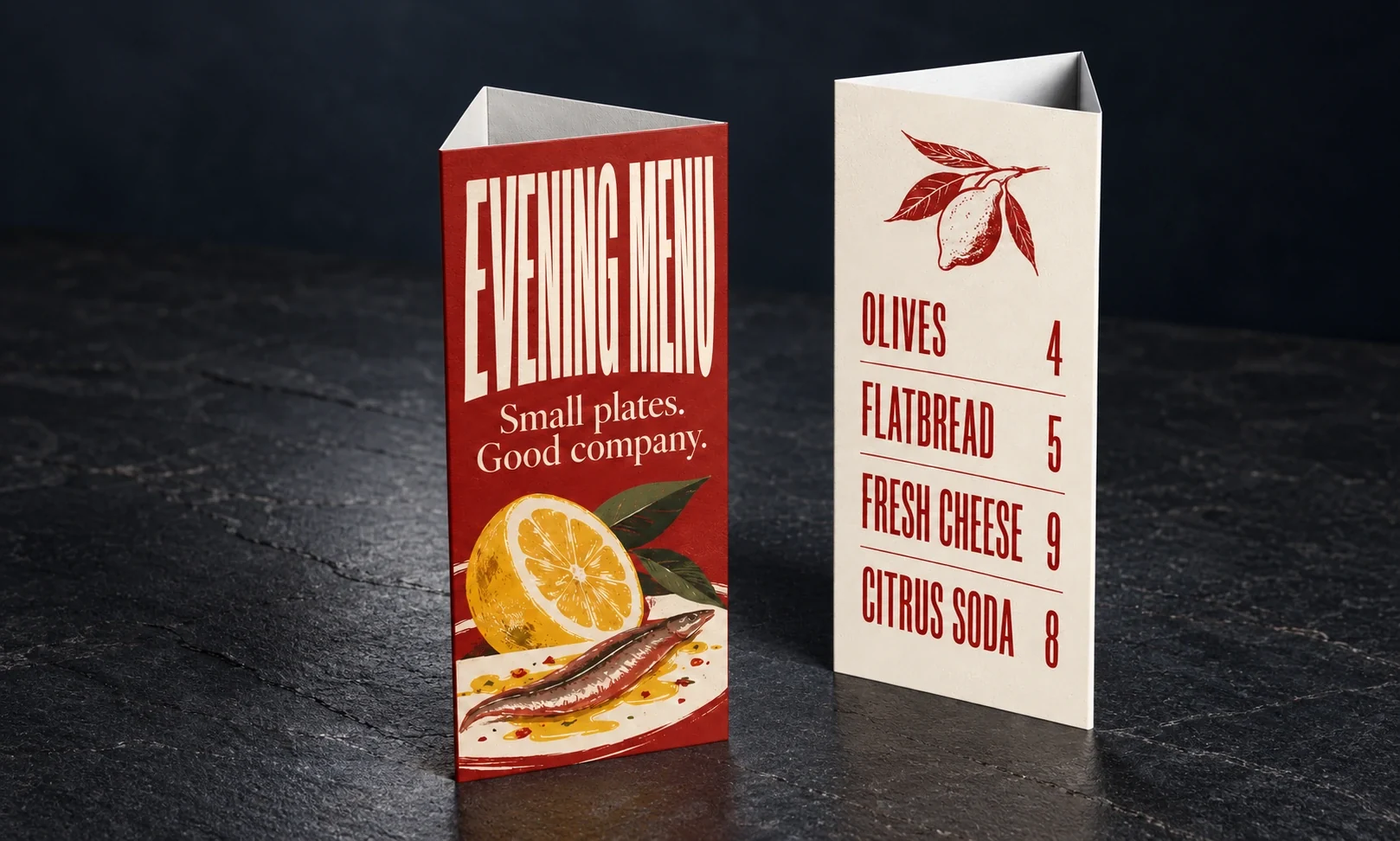Evening menu on folded three-sided paper table talkers