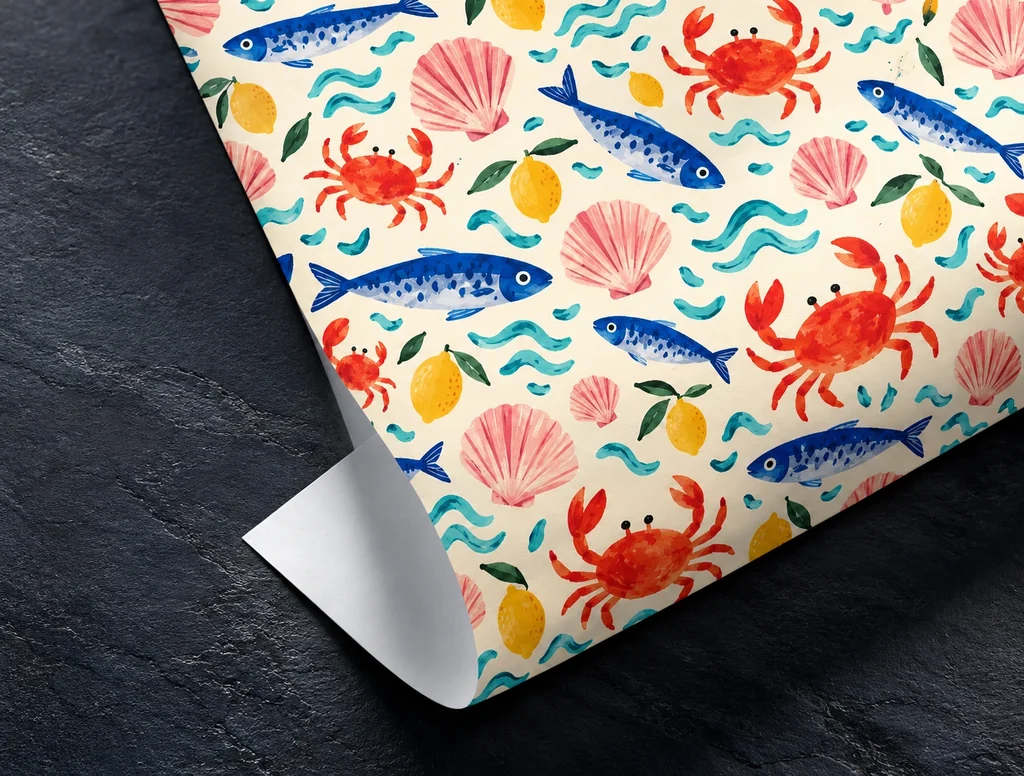 Thin wrapping paper with a colourful illustrated seaside design