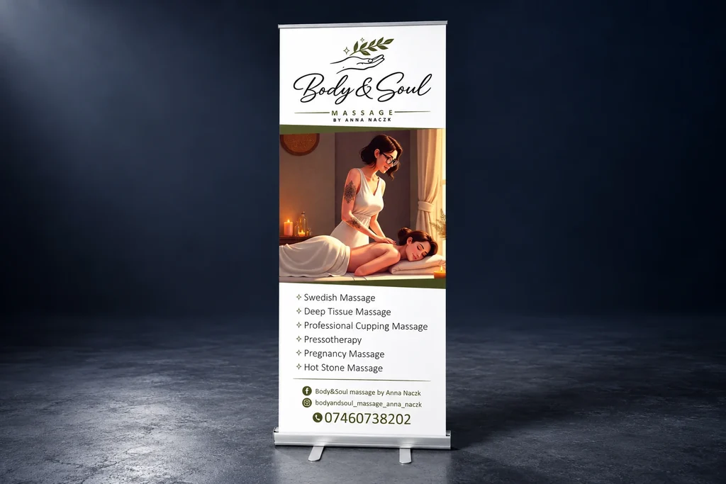 Body and Soul roller banner with a slim silver cassette and two swivel feet