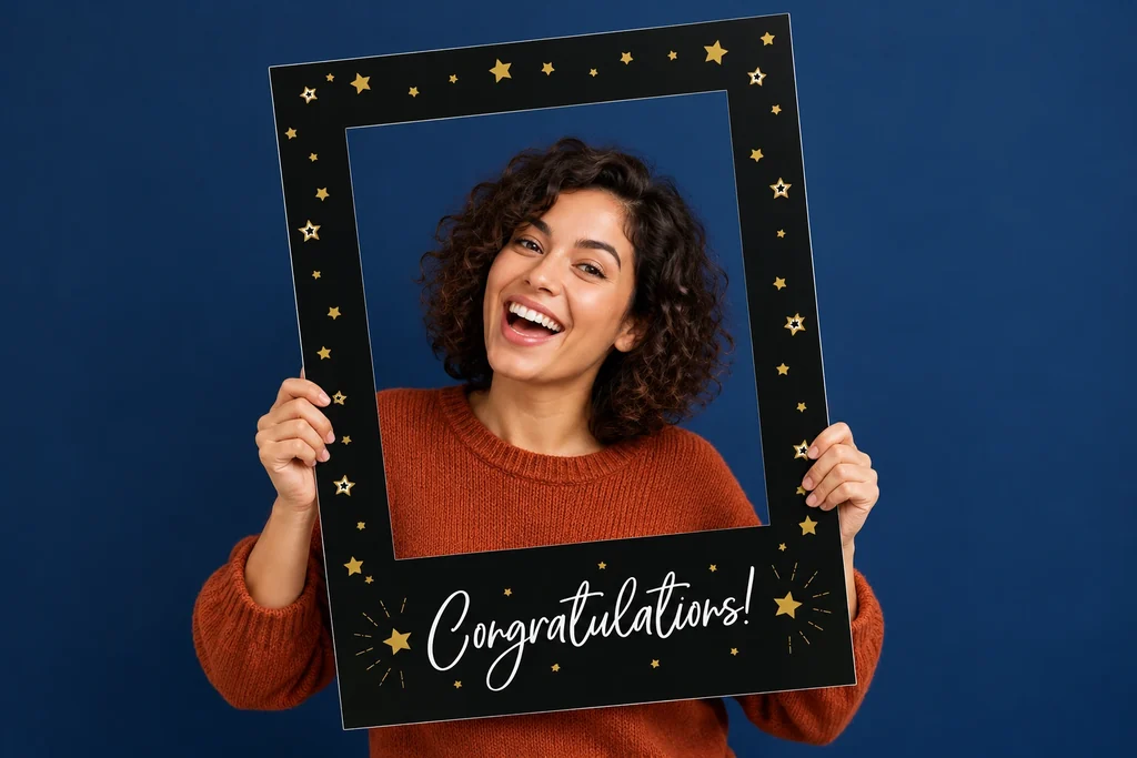 Woman holding a thin black and gold Congratulations selfie frame with a real open window