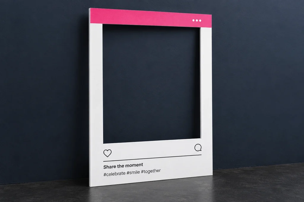 White 5mm foam PVC social photo frame with pink header and an open rectangular window