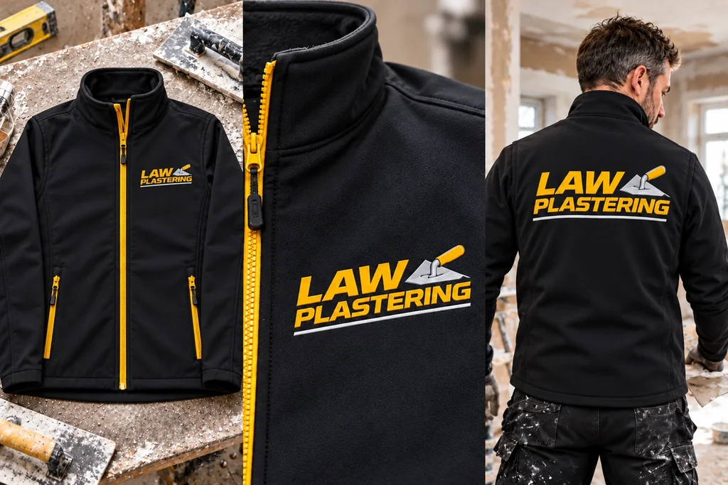 Softshell jackets: garment, printed logo detail and worn view