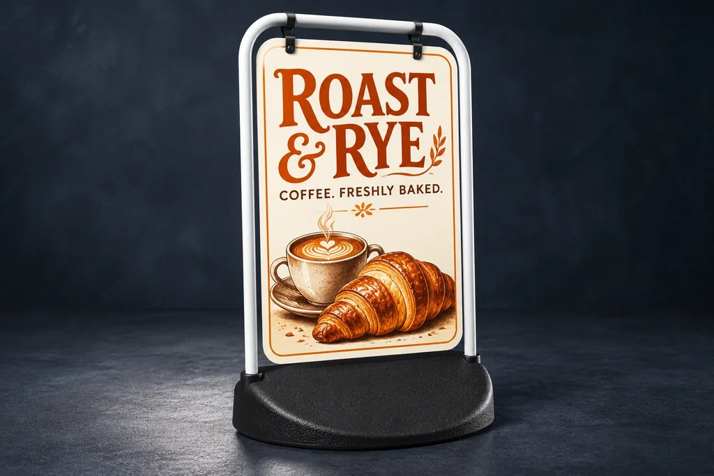 White tubular Swinger A with a hanging coffee graphic and black PVC base