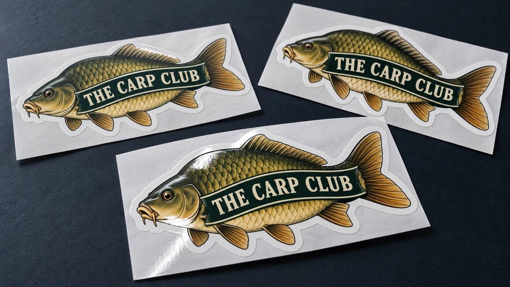 Carp-shaped vinyl labels with The Carp Club artwork and a laminated finish