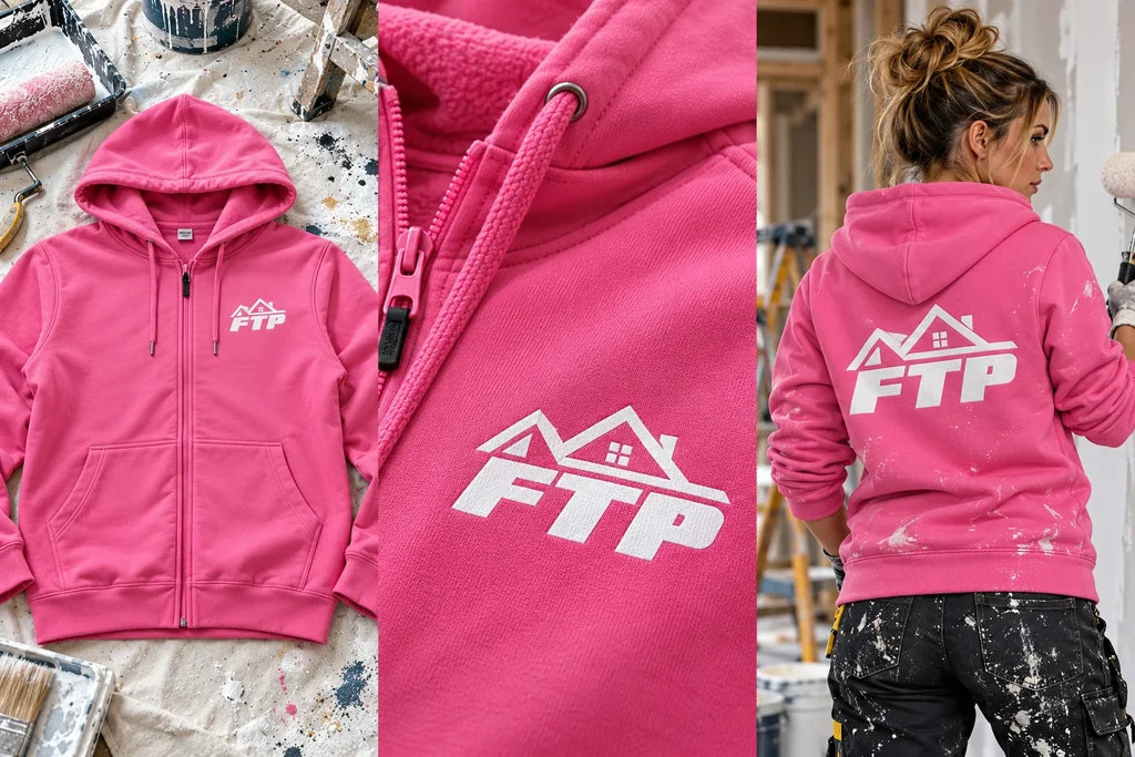 Full-zip hoodies: garment, printed logo detail and worn view