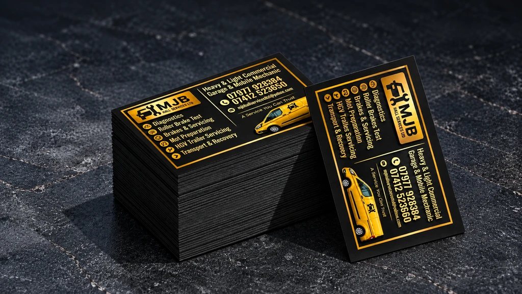 Black and gold MJB Hall Services business cards on a dark stone surface