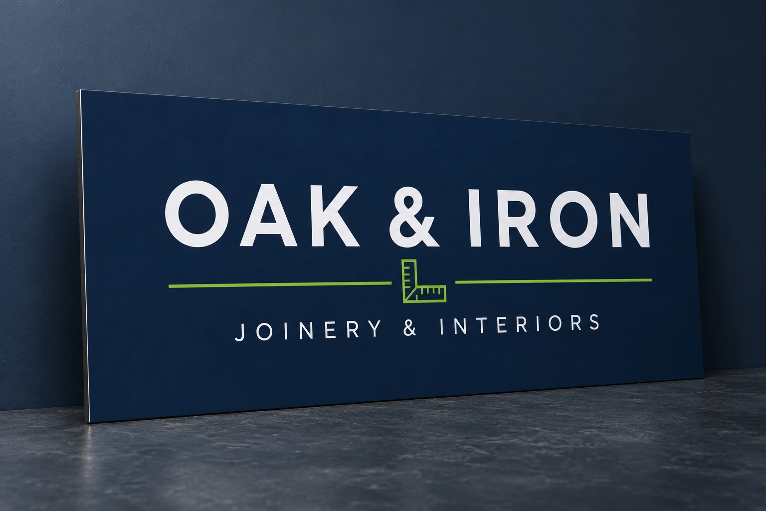 Flat navy sign panel with white and lime CAD-cut vinyl lettering