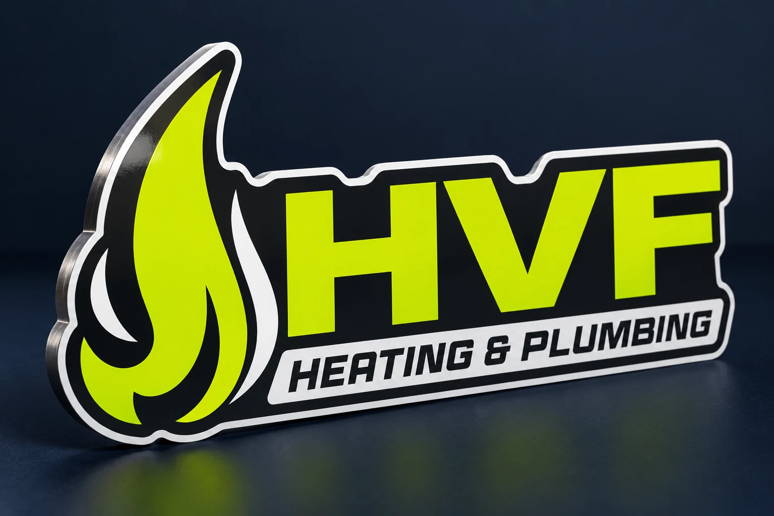 HVF Heating and Plumbing logo reproduced as a connected contour-cut sign