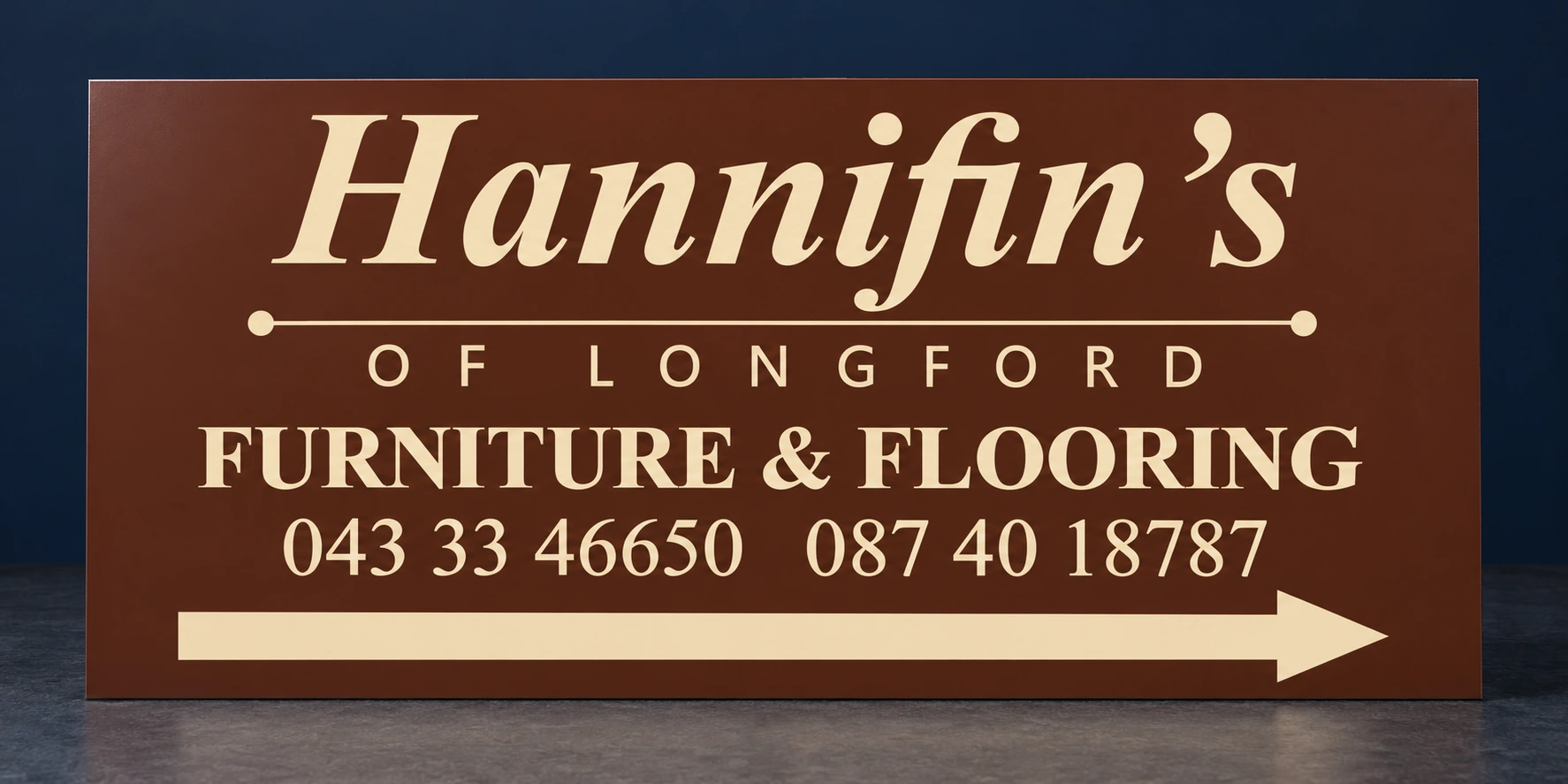 Hannifin’s of Longford furniture and flooring artwork on a thin brown and cream aluminium composite panel