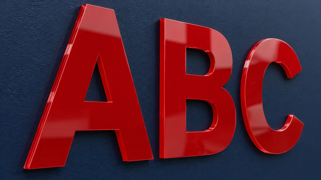 Glossy red acrylic ABC letters bonded to a navy wall, showing polished edges