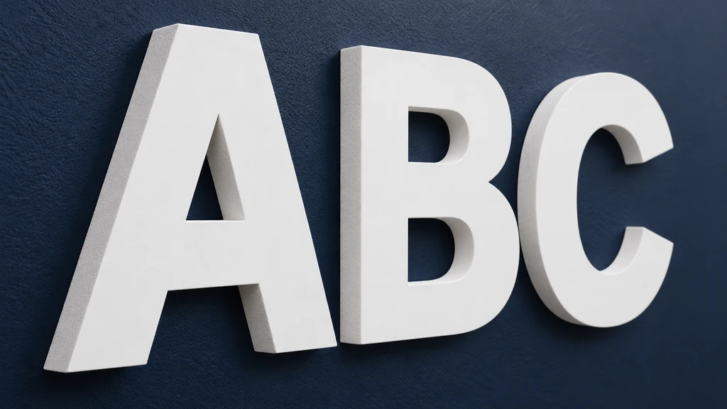 Matt white foam PVC ABC letters on a navy wall, showing thicker cut edges