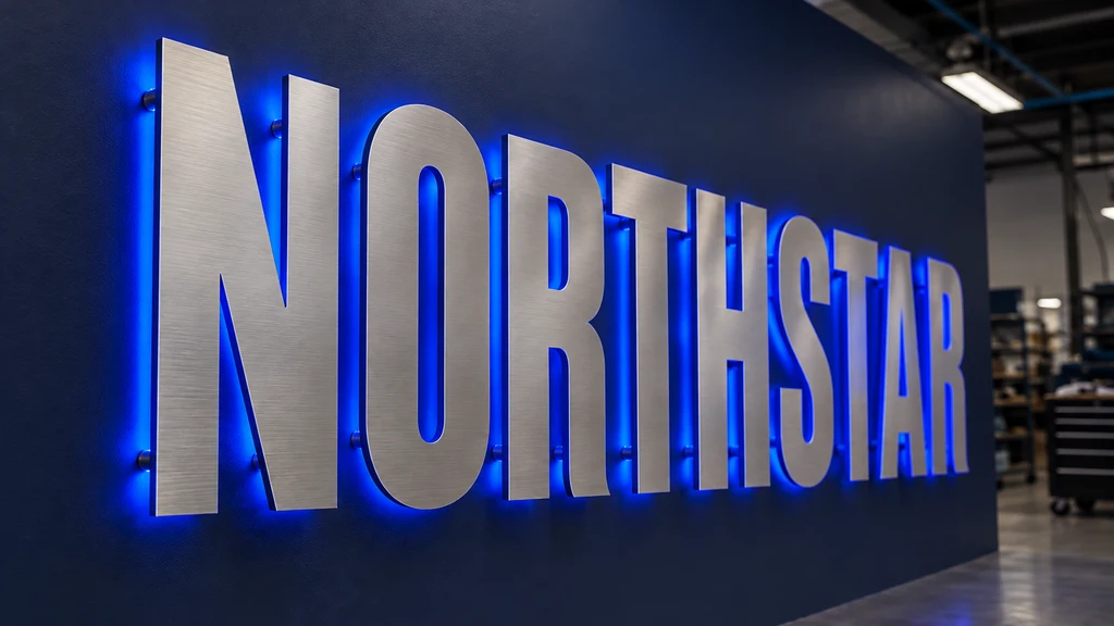 Thin NORTHSTAR flat-cut letters on locators with a blue halo against the wall