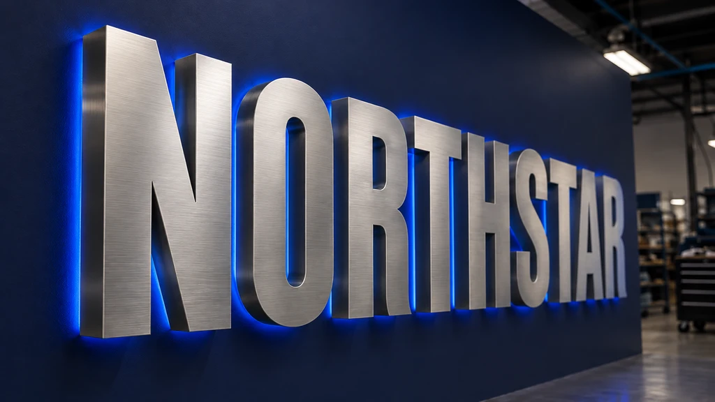NORTHSTAR brushed stainless steel built-up letters with blue rear halo lighting