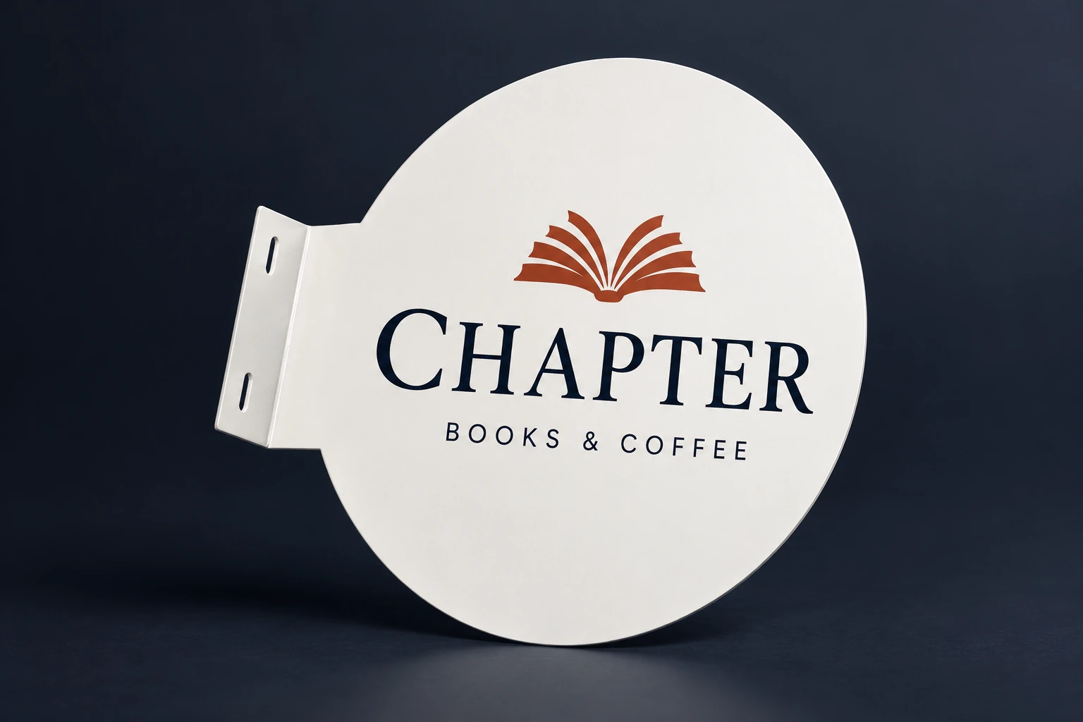 Circular folded aluminium projecting panel with Chapter Books and Coffee artwork and integral mounting flange