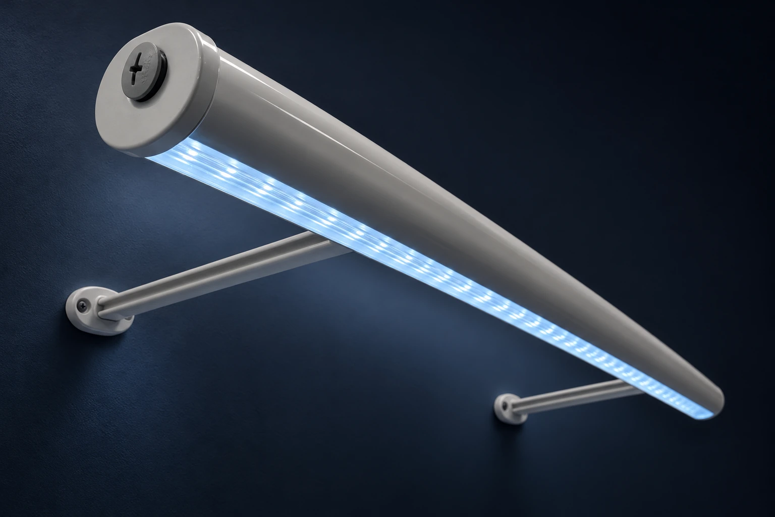 White LED trough sign light with two wall-mounted support arms against a dark wall