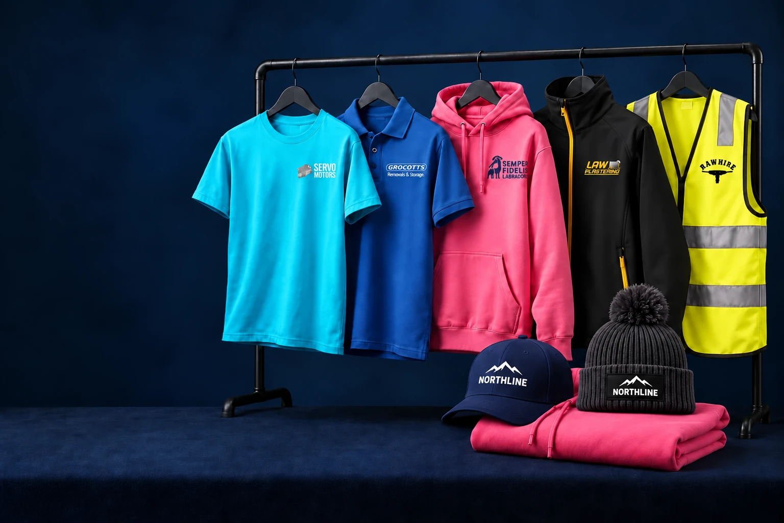 Branded workwear on a clothing rail with a Signmasta cap and pom-pom patch beanie